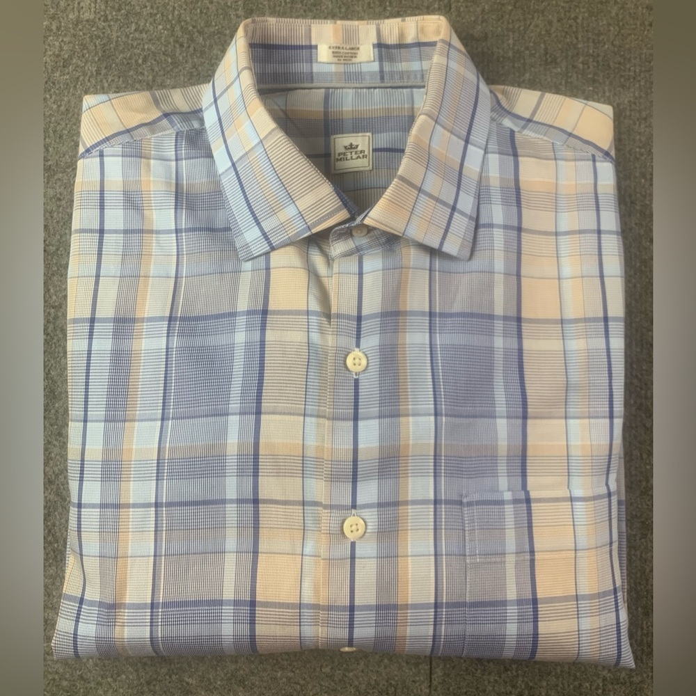 Peter Millar Mens 100% Cotton Relaxed Short Sleeve Plaid Button Up Shirt Size XL